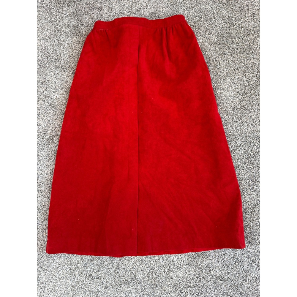 Vintage Red Faux Suede Midi Skirt Elastic Waist A-Line Side Button‎ Slit Red